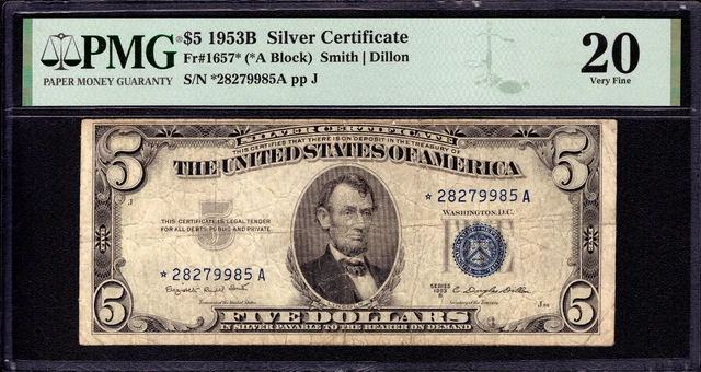 1953 B $5 Silver Certificate Star Note Fr.1657* Scarce Issue Pmg Very Fine Vf 20