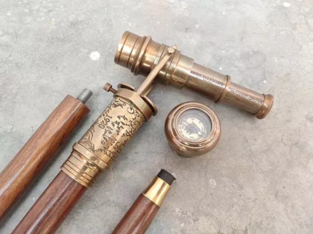 Vintage Brass Telescope Handle Wooden Walking Stick Cane Spyglass Antique Scope