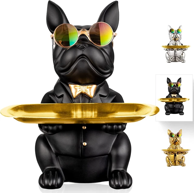 FRENCH BULLDOG STATUE, Black Dog Butler Statue, Statues for Home Decor