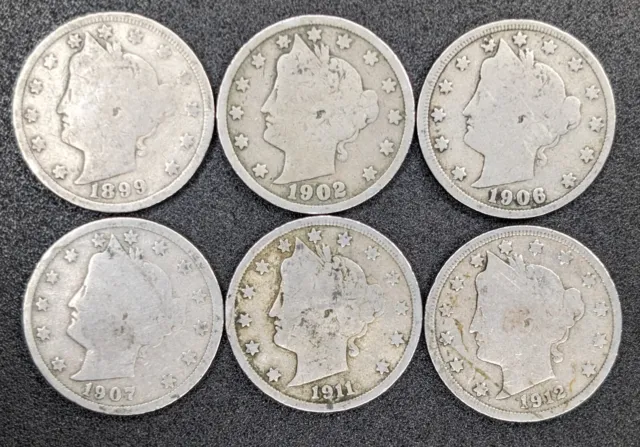 U.S. 5C Liberty V Nickel Lot 6 Different Date Coins One from the 1800's