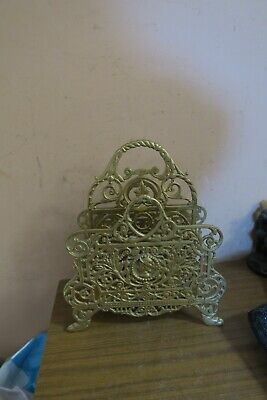 Vintage Ornate Brass Cast Iron Letter Holder Magazine Rack Rococo Victorian