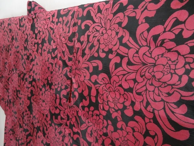 3012T14z500 Vintage Japanese Kimono Synthetic HAORI Chrysanthemum Black 2