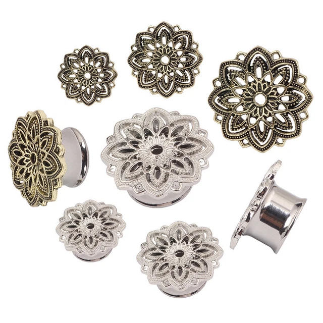2pc Silver Bronze Flower Flesh Tunnel Ear Plug Stetcher Single Saddle Trumpet