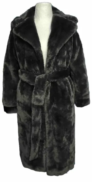 EX Badgley Mischka Coat Jacket Faux Fur Belted Charcoal Occasion Ladies Medium M