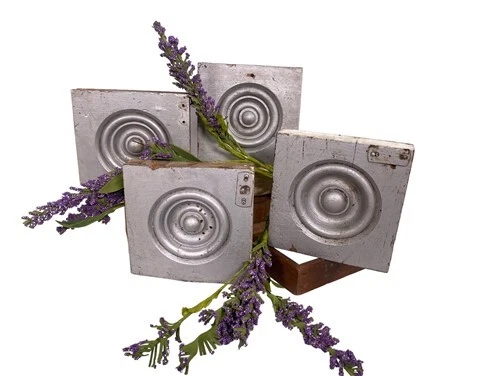4 Plinth Blocks, Antique Bullseye Rosettes, Architectural Salvage Wood Trim C77