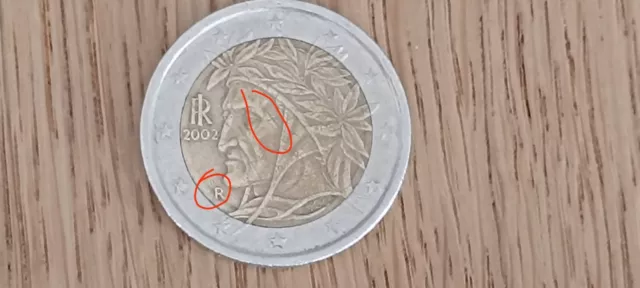 Moneda de 2 Euros Italia 2002. Con Errores