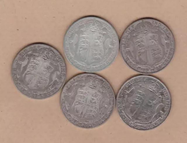 Five Key Date 1925 50% Silver Half Crowns In A Used Fair Condition