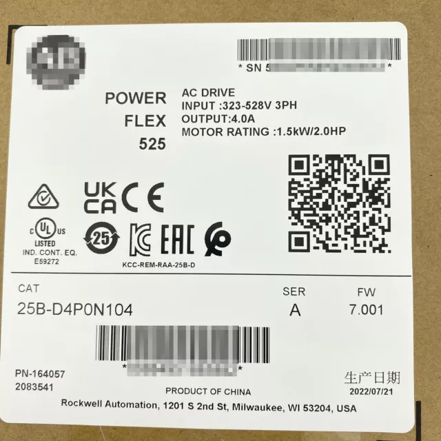 AB 25B-D4P0N104 PowerFlex 525 AC Drive 480V 2.0HP 2022 New Sealed Free Ship