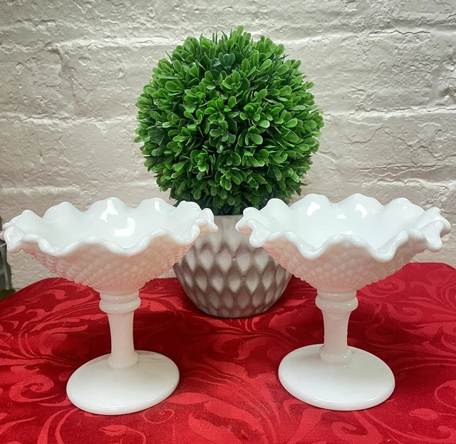 2 WESTMORELAND RUFFLED Edge Diamond Point Milk Glass Compote Pedestal
