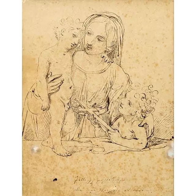 Antico disegno china Madonna Bambino S. Giovannino attr. Giuseppe Bezzuoli