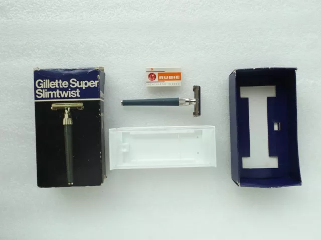 Vintage 1970 Gillette P3 Super Slimtwist Safety Razor w/ Box + (5 Rubie blades)