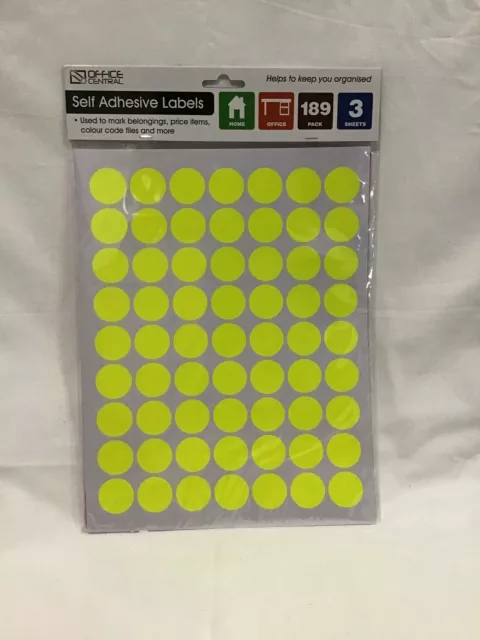 Self Adhesive Labels - Fluro Yellow Dots - pack 189 - 26mm diameter