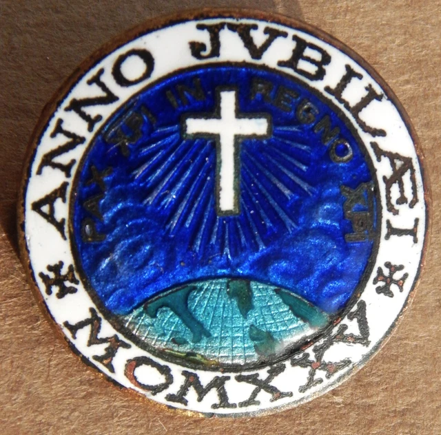 Broche Religieuse émaillée Vintage 'Anno Jubilae MCMXXV 1925 Pie XI' - Bleu, Laiton, Occasion