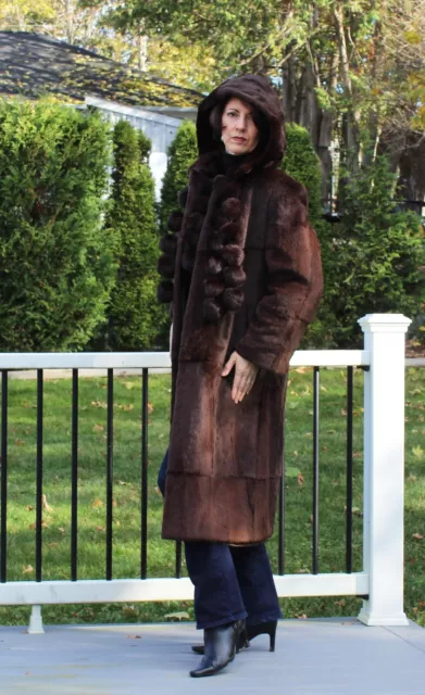 VINTAGE BROWN HOODED Sheared Beaver Woman's Full Length Fur Coat With ...
