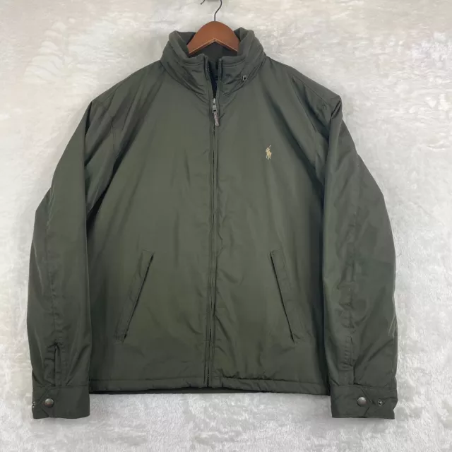 Polo Ralph Lauren Jacket Mens XL Olive Green Zip Up Fleece Lined Packable Hood *