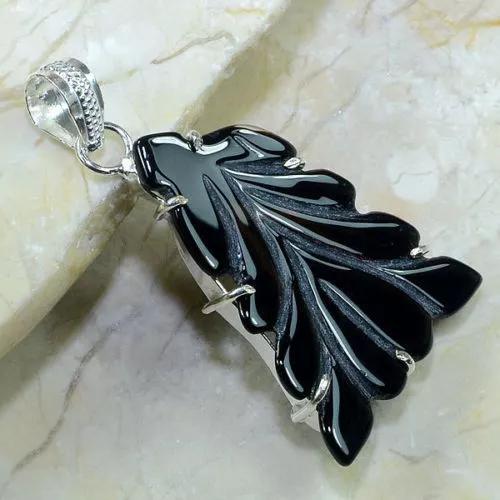 Joli Pendentif Argent avec ONYX Feuille AGATE Gravée # Pierre Naturelle