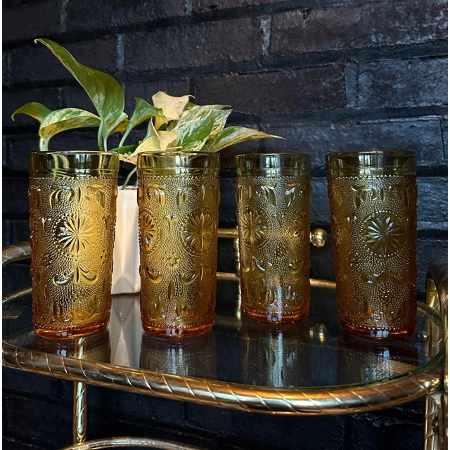 Brockway Amber Drinking Glasses American Concord Pattern 10oz - Set of 4 - MCM