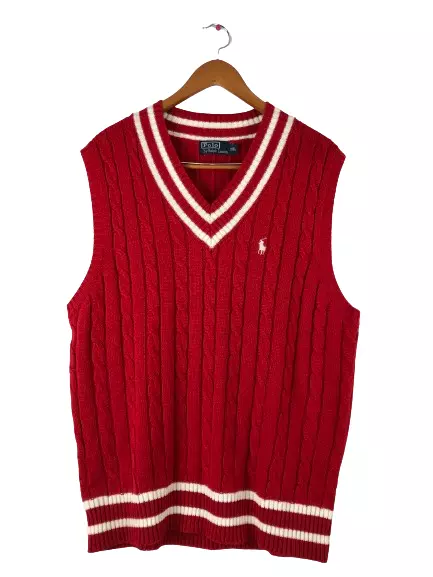 Vtg Ralph Lauren Polo Mens Cricket Tennis Cable Knit V Neck Sweater Vest 3XL Red