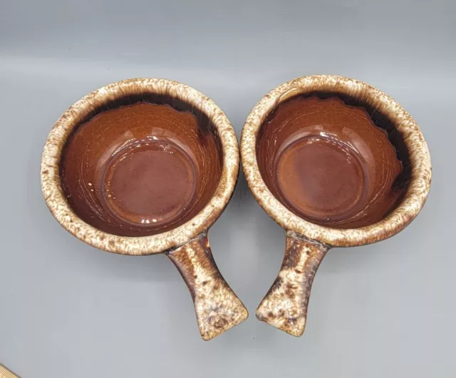 2 Vtg HULL USA Oven Proof Pottery Brown Drip Glaze Handle Bowls Chili Soup *flaw 3