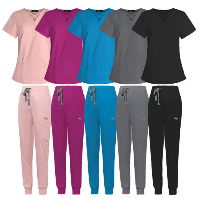 Womens Scrub Set Nurse Medical Uniforms V-Neck Top & Jogger Trousers 6 Colours