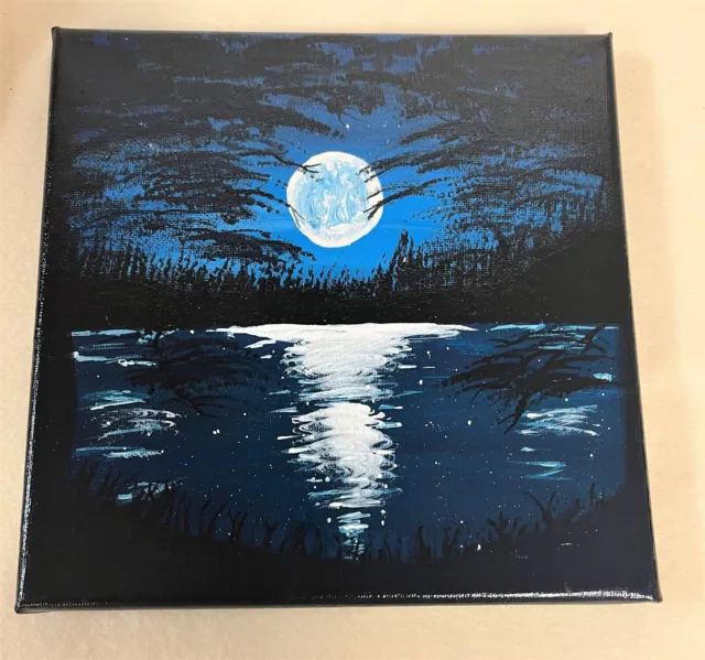Handmade 8X10 Acrylic Stretch Canvas Painting -Moon Through the trees