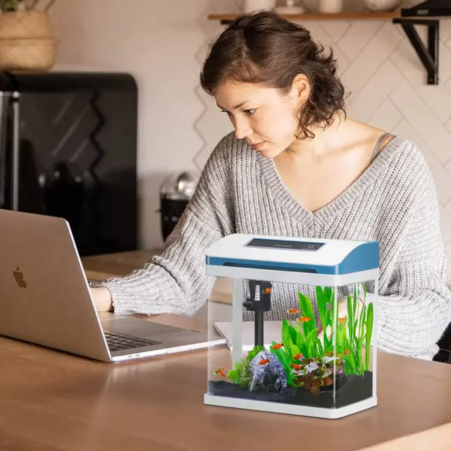 New Small Fish Tank 2 Gallon Glass Aquarium Starter Kit Self Cleaning LED Light 7