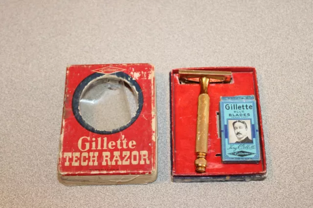 NEVER USED VINTAGE N.O.S. GILLETTE BALL HANDLE GOLD TONE TECH RAZOR SET 1940's