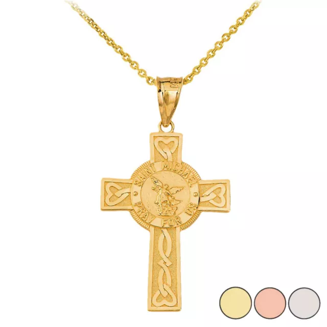 Solid Gold Or 925 Silver Saint Michael Pray for Us Celtic Cross Pendant Necklace