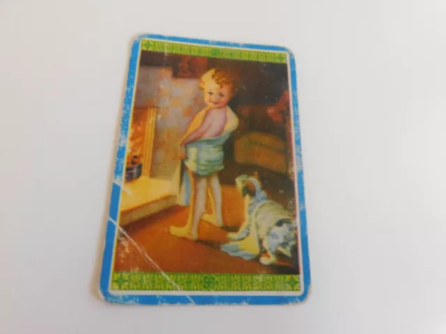 Vintage Woolworth Blank Back Card Child With Dog By Fire Place/Blue Border