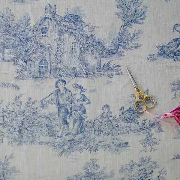 Linen Toile de Jouy Blue Print on Scru French Fabric [half meter]