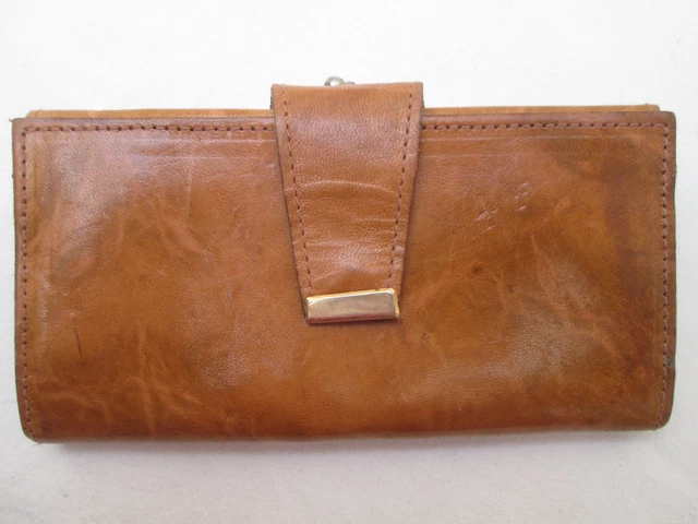 Portefeuille à clip en cuir marron clair : porte-monnaie à trois volets, porte-photos et carte - France