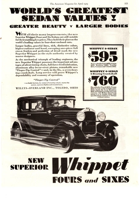 1929 Superior Whippet Fours & Sixes Sedans Willys-Overland Toledo Ohio Print Ad