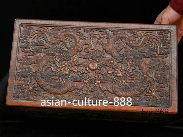 16" China old Huang huali wood Handmade Royal Palace Loong dragon Play Bead box