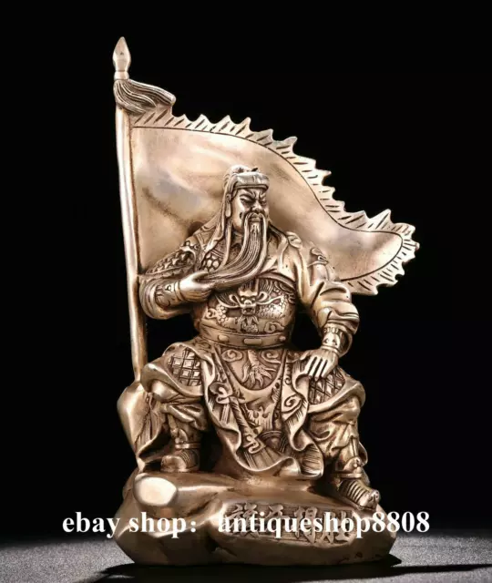 9" Tibet Buddhism Miao Silver Folk Guan Gong Yu Warrior God success 旗开得胜 Statue