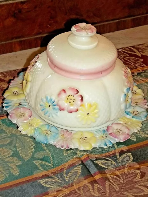 Consolidated Glass Cosmos Butter Dish W/ Lid Milk Glass  Floral Multicolor