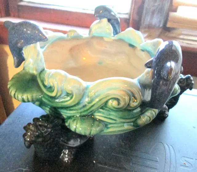 Majolica Dolphins & Sea Monsters Footed Glossy Ceramic Crackle Glaze Bowl Used