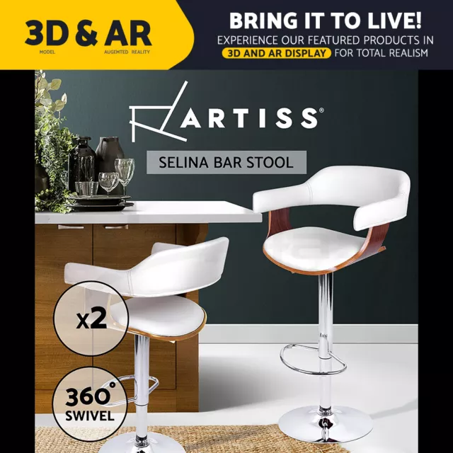 Artiss 2x Bar Stools Kitchen Counter Stool Gas Lift Leather w/Armrest White