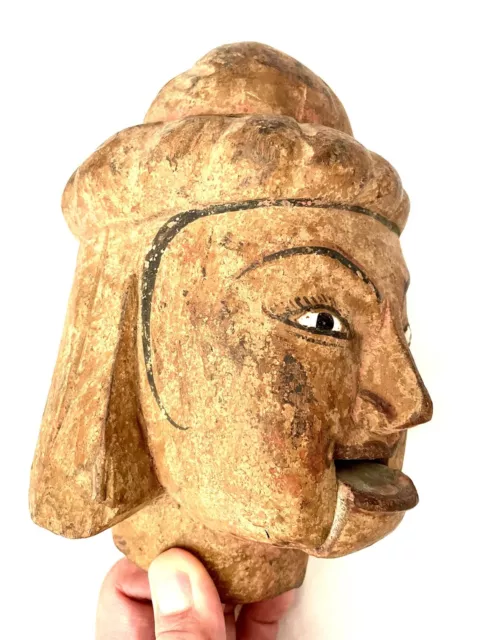 Antique 19Th Burmese Carved Wood Marionette  Puppet Head  W/ Hinged Mouth 2