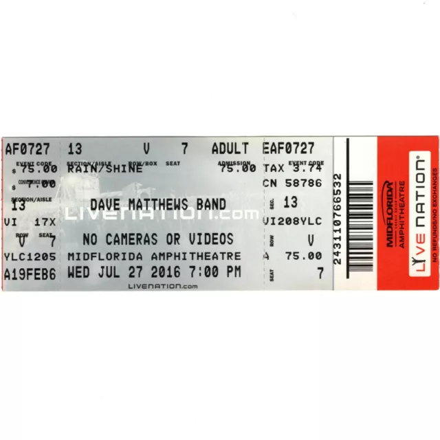 DAVE MATTHEWS BAND Concert Ticket Stub TAMPA FL 7/27/16 MIDFLORIDA AMPH Rare
