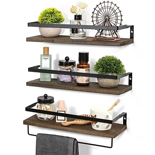 Set of 3, Wall Floating Bathroom Shelves with 1 Towel Bar - Wall Mounted Hanging