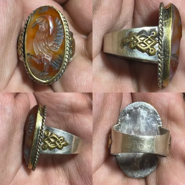 Afghanistan Unique Antique Solid Silver Agate Stone Intaglio Old Rare Ring