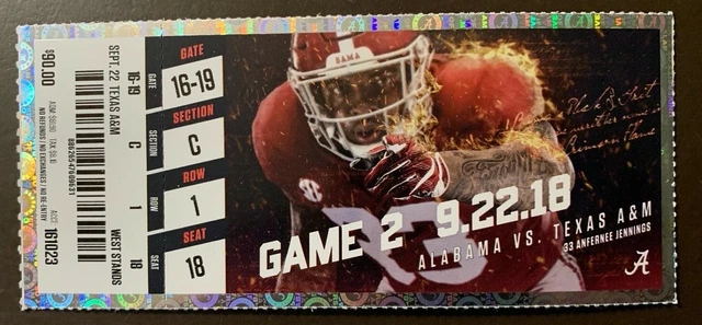 Alabama Crimson Tide 9/22/2018 NCAA football ticket stub vs Texas A&M Aggies