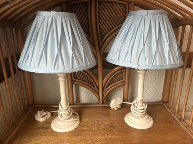 Pair Of Laura Ashley Wooden Table lamps Cream & Blue Silk Fenn Shades 17” Tall