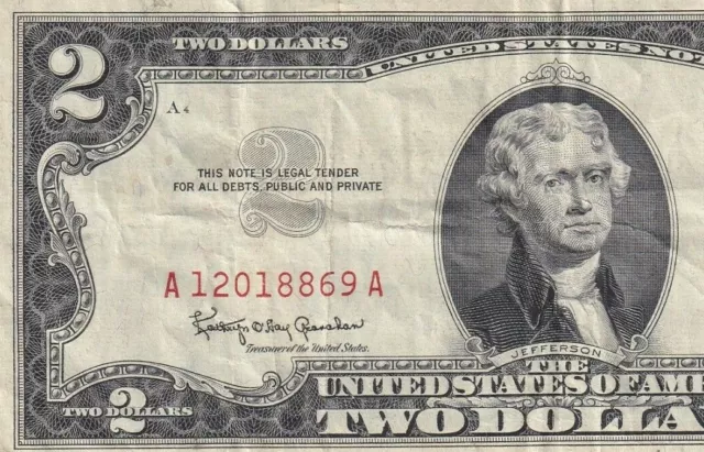 A12018869A 1963 Two Dollar Legal Tender Note, Red Seal In Good Condition