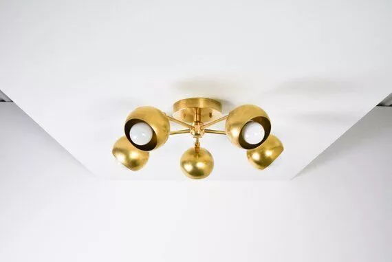 Modesto Semi Flush Raw Brass Mid Century Modern Industrial 5 Orb Angled