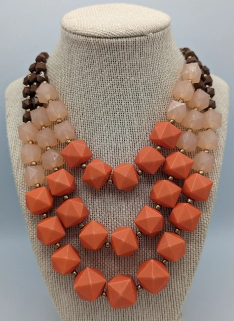 Charming Charlie Gold Tone Large 3 Strand Pink Orange Beaded Statement Necklace