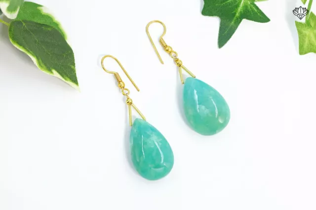 Natural Amazonite Stone With Silver Plated Brass Metal Fish Hook Earrings Pair