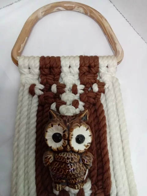 VTG. Macrame w/ Ceramic Owl Bead Towel Hanger, MCM RETRO KITSCHY