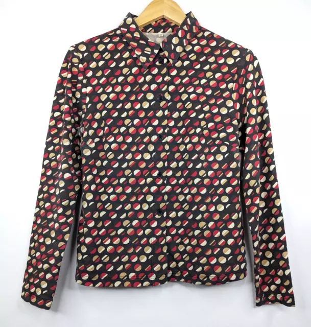 Vintage 90s Brown Black Cream Red Geo Print Button Blouse Size 10 Retro Casual