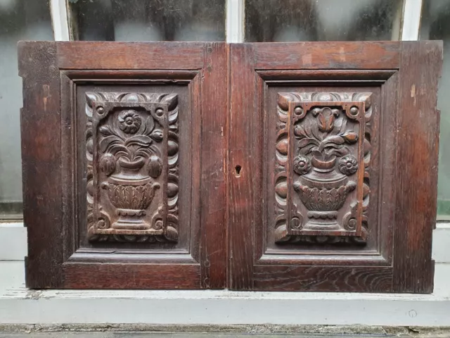 Antique Pair Doors Hand Carved Oak Colour Sculptured Wood Wooden Plaque Panel